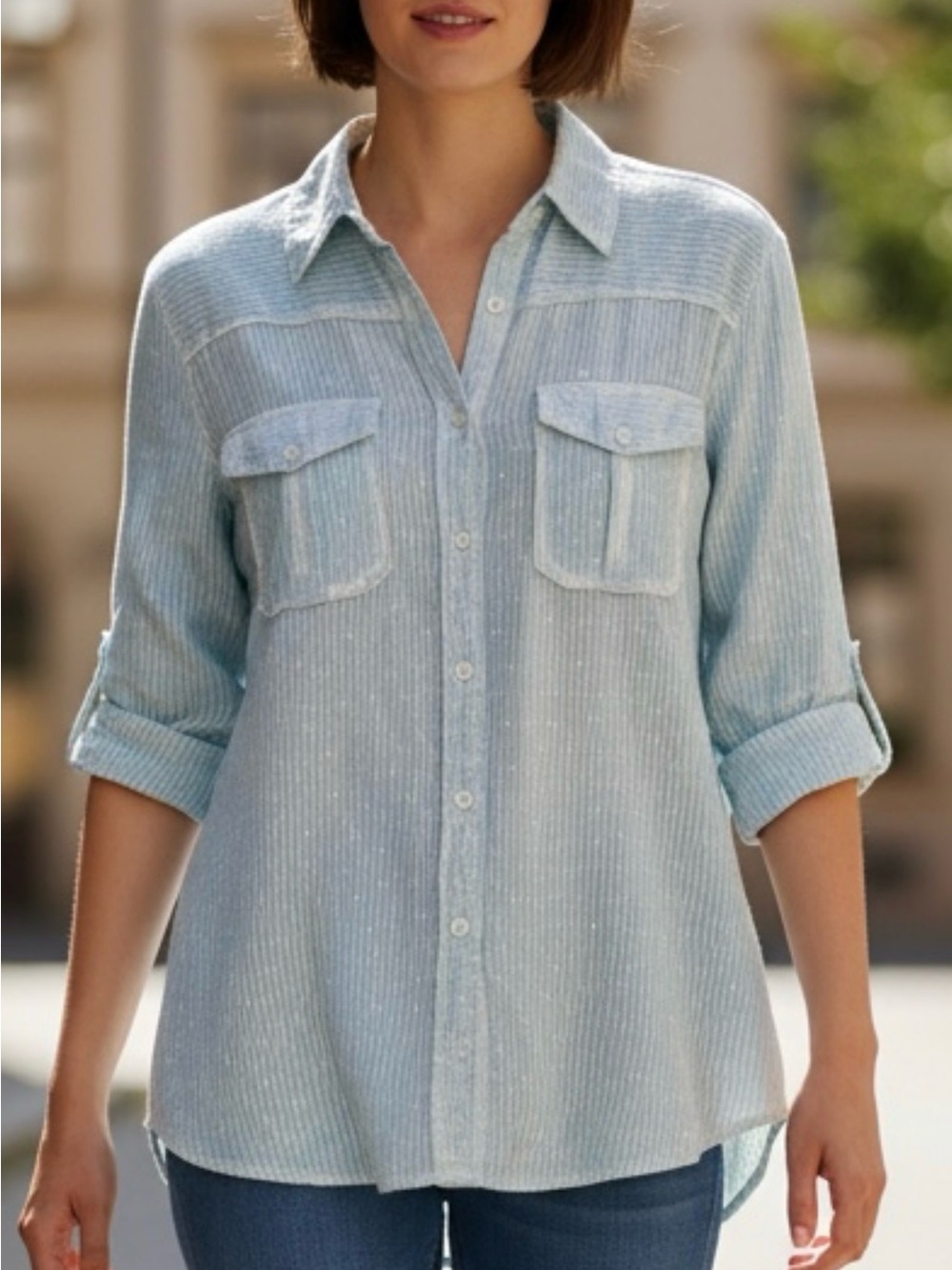 Vintage Goa Soft 100% Cotton Pale Blue Striped Textured Button-Up Shirt, S